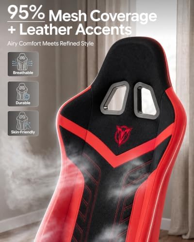 Ergonomic Gaming Chair with Footrest for Adults, Leather Mesh Red