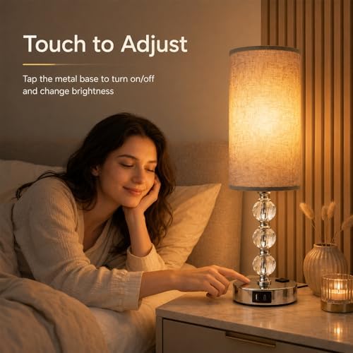 Crystal Table Lamp 14.6", 3-Way Dimmable with Touch Control, USB Charging Ports & AC Outlet, Bulb Included, – 3000K Warm White for Bedroom Living Room