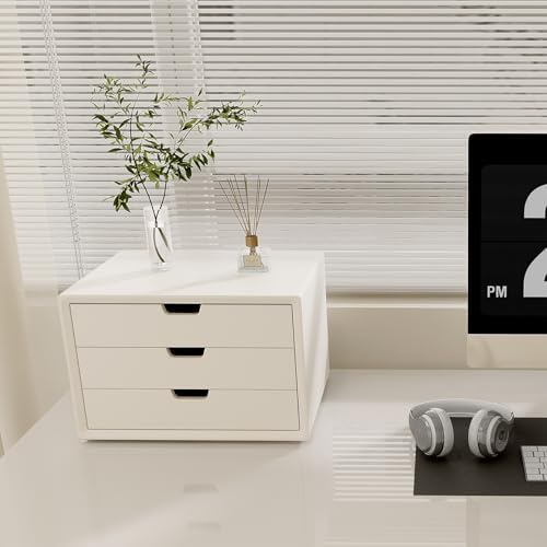 LitaEther Desk Organizer with 3 Drawers, ALEX Drawer Unit, Chic White Wood Cosmetic Makeup Organizer for Office Vanity Tabletop Storage 13.8"X 9"X10.2"
