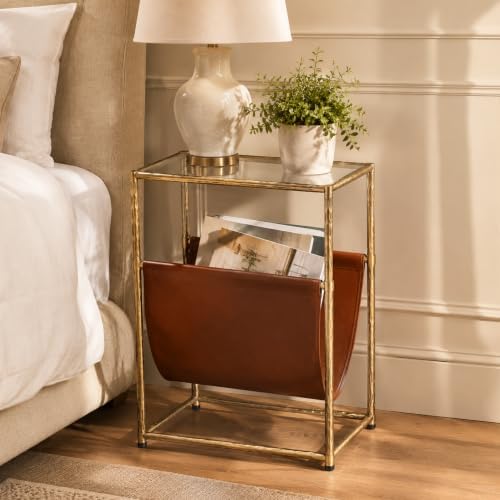 Narrow Side Table with Leather Storage Holder Gold End Table