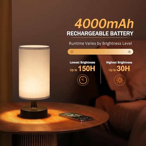 Kakanuo Cordless Table Lamp Rechargeable Small - 1 Pack Gray Black, 4000mAh Battery Operated Lamp with Touch Control Stepless Dimming, Wireless Lamp for Bedside, Nightstand, Bedroom, Living Room
