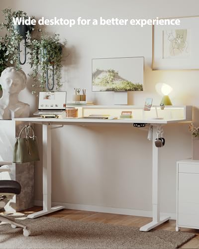 Agilestic 55 * 24 Inch Electric Standing Desk with Shelf & Led, White