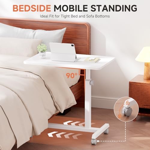 GTPLAYER Small Standing Desk, 24 Inches Mobile Rolling Laptop PC Table with Lockable Casters, Adjustable Height Overbed Bedside Table Computer Workstation for Home Office, White-Fixed