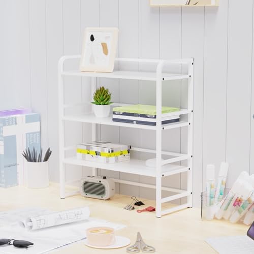 Office Desk Shelf Organizer, Wood Desktop Bookshelf Supplies Storage Rack, Shelf for Top of Desk and Dresser and Cubicle Decor Aesthetic Bookshelf (White White, Three Tier, 19.69Lx7.87Wx22.05H)
