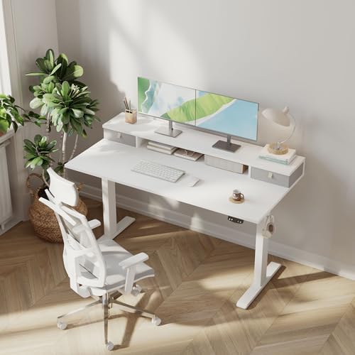 Klicelor 63 x24 Inch Electric Standing Desk with Drawers, Adjustable Height Small Sit Stand Desk for Home Office, Compact Computer Workstation with Storage– White