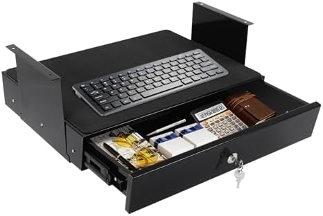 18'' Under Desk Mounted Sliding Pull-out Drawer, Pull-out Drawer with Lock, Computer Pad, Space-Saving, for Office Desk, Pull Handle, Storage Organizer for Sit Stand Workstation, Black