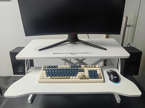 Standing Desk Converter, 32 Inch Wide, Height Adjustable Sit to Stand Workstation Riser, Dual Monitor with Wide Keyboard Tray for Home Office (White)