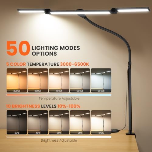 LED Desk Lamp for Office Home, 3 Light Bar Adjustable Desk Light with Clamp