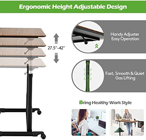 COSTWAY Mobile Height Adjustable Standing Desk, Compact Pneumatic Sit to Stand Computer Desk w/Lockable Casters, Ergonomic Rolling Laptop Table w/Steel Frame for Home Office (Espresso)