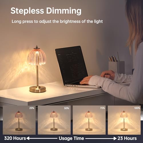 Shenmoyl Tulip Table Lamp with 5200mAh Battery & Touch Control, Cordless Small Table Lamp with 3 Colors, Dimmable Rechargeable Table Lamps for Living Room, Bedroom, Desk, Bedside (Clear Pink Tulip)