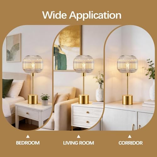 Glass Table Lamp for Living Room, Modern Gold Clear Bedroom Bedside Lamp