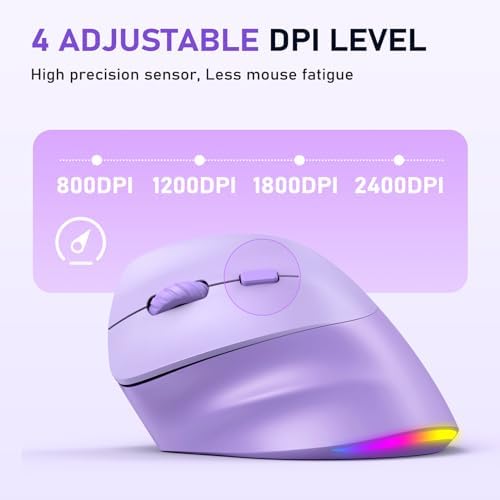 MEETION Left-Handed Ergonomic Mouse, Vertical RGB Wireless Design, Purple