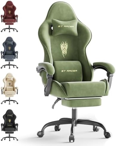 Huracan Velvet Ergonomic Office Gaming Chair for Home Use, High‑Back Reclining Computer Chair with Footrest Massage Lumbar Support, Adjustable Racing Desk Chairs for Streaming Work, Green