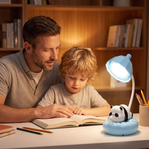 Cute Panda Night Light, Rechargeable Bedside Lamp, 3-Level Touch Control Adjustable, LED Desk Lamp with USB for Bedroom Study Room, Boys Girls Gift (Blue)