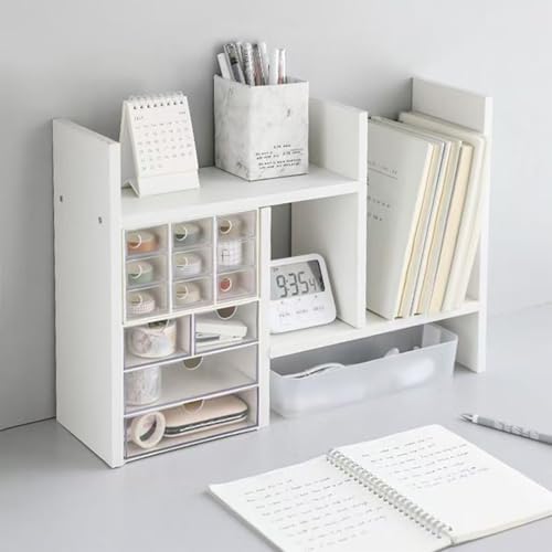 Desktop Shelf Organizer, Adjustable Wood Office Storage Rack, Counter Display Small Bookshelf for Home/Office/School(White)
