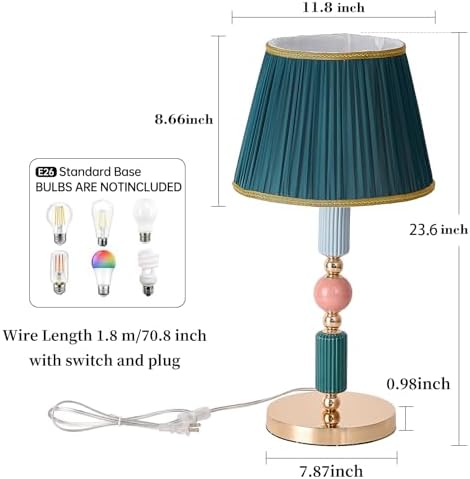 Green Fabric Shade Table Lamp Modern Metal Desk Lamp with Plug Cord Switch for Bedroom Bedside