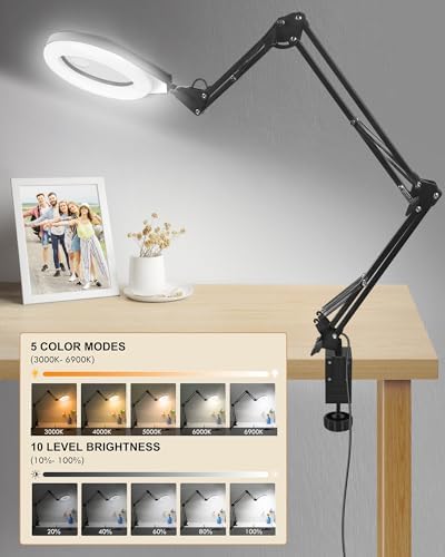 10X/5X Magnifying Lamp with LED Light, Real Glass Lens, Swing Arm, Green