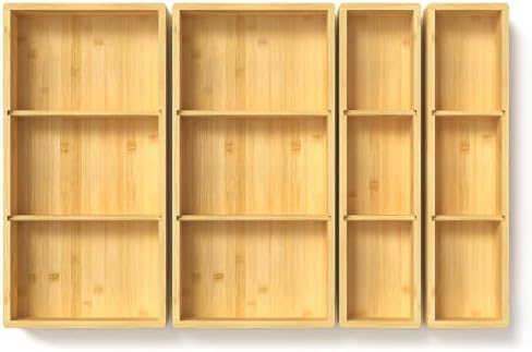 DUJEN 4 Packs Bamboo Drawer Organizer 2 pieces 12.6 * 6inches and 2 pieces 12.6 * 3.2inches, Adjustable 3 Individual Junk Drawer organizer for Bathroom and Kitchen