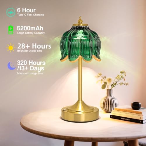 Cordless Table Lamp, Rechargeable Dark Green Glass Lotus Flower Lamp