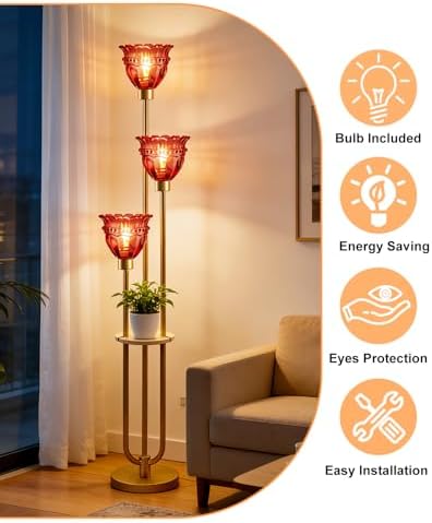 Lightdot Glass Floor Lamp with Shelf Red Glass Flower Gold Floor Lamps