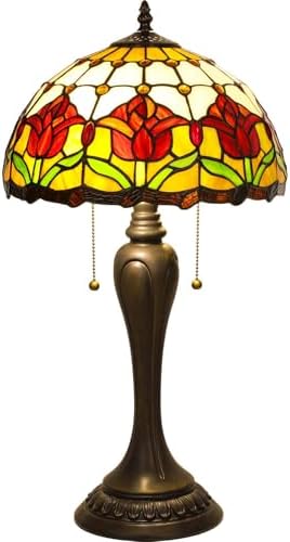 Stained Glass Table Lamp, Red Tulips Style Lampshade Reading Light 12X12X22 Inches, Adjustable 3 Color Temperature Decor for Bedroom Living Room