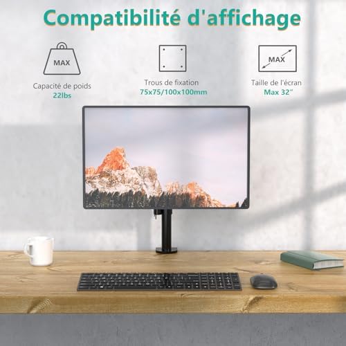 WALI Single Monitor Mount, Single Monitor Arm Desk Mount, Up to 32 inch Ultrawide, Regular Screens up to 27 inches, 22lbs, Adjustable Mount with C-CLAMP for Home Office Application(M001), Black