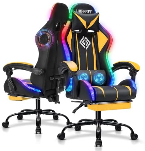 RGB Gaming Chair with Bluetooth Speakers LED Lights Computer Chair-Yellow