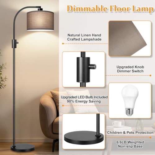Nintiue Dimmable Black Floor Lamp, 1200 Lumens LED Edison Bulb Included, Arc Gold Floor Lamps for Living Room Modern Standing Lamp with Khaki Shade
