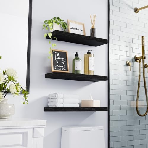 BAYKA Black Floating Shelves 15.7in, Set of 3, Wall Mount Rustic Wood Shelf