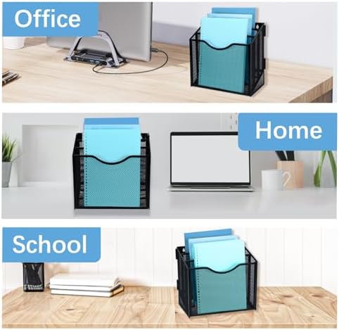 Metal Desktop File Organizer with 3 Vertical Compartments Wall Mounted Mail Paper Document Folder Holder Magazine Storage Rack for Home Office Classroom,Black