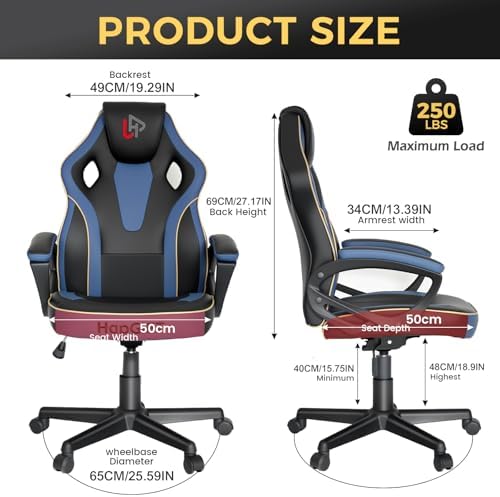 HapGIFT Gaming Chair for Adults, PU Leather Computer Gaming Chair with Link Armrest, Racing Style Gamer Chair, Height Adujustable Ergonomic Swivel PC Office Chair for Home, 300lbs (BLACK BLUE)