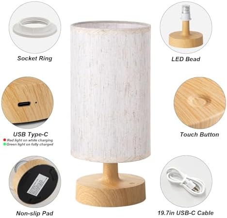 Kakanuo Cordless Table Lamp Rechargeable Small - 2 Pack Beige Wood, 4000mAh Battery Operated Lamp with Touch Control Stepless Dimming, Wireless Lamp for Bedside, Nightstand, Bedroom, Living Room