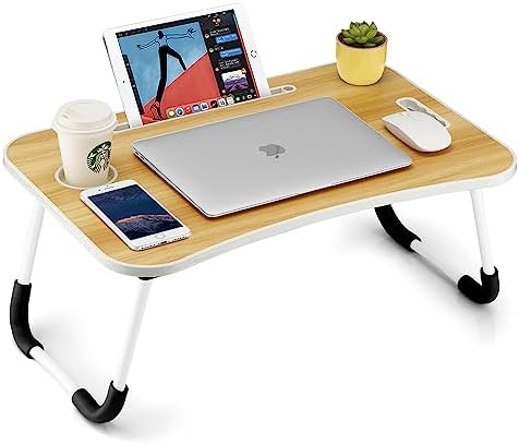 FISYOD Foldable Laptop Table, Portable Lap Desk Bed Table Tray, Laptop Stand with Cup Holder & Tablet Slot & Lifting Handle for Working Writing Drawing & Eating (Wood)