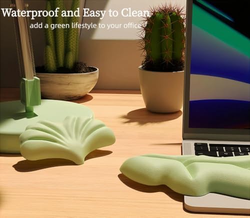 inbesk Angel Wing Wrist Rest Ergonomic Memory Foam Wrist Rest for Computer Keyboard Mouse Set, Cute Gaming Keyboard Cushion Hand Support PU Leather Surface Anti-Slip Waterproof Green-Leaf