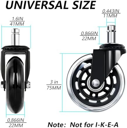 3" Office Chair Wheels for Casters Replacement Set of 5 - Office Caster Wheels for Carpet,Computer Chair Wheels,Smooth & Mute for Hardwood Floors and Mats. (Transparent)