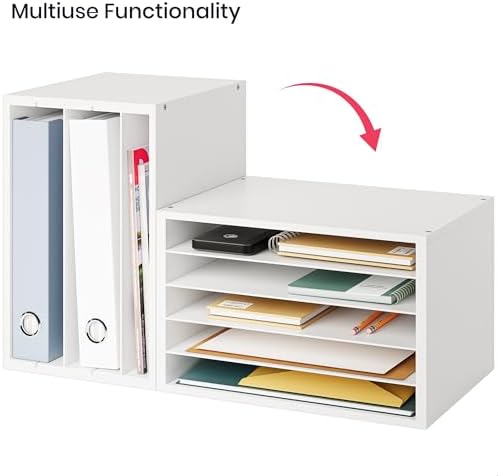 Ballucci 5 Tier Paper Organizer Letter Tray, Wood Desk File Organizer with Adjustable Shelves, Home Office School Letter/A4 Mail Sorter Magazine Holder - White
