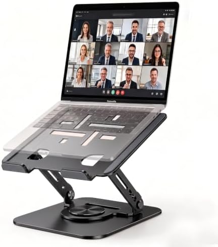 360°Rotating Laptop Stand, Ergonomic Adjustable Foldable Notebook Riser, Metal Computer Holder Compatible with 10-17.3" Laptops, Desktop Printer Stand, for Home & Office (Black)