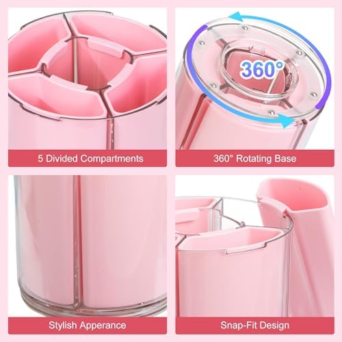 Comix 360° Rotating Pen Holder for Desk, Pink Pencil Holder with 5 Slots