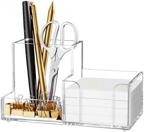 HBlife Acrylic Pen Holder for Desk, 3-Compartment Small Desk Organizer, Clear Office Supplies Desk Accessories with Sticky Notes Holder Stores Post It Notes 3X3 for Office, Home and School