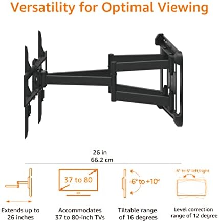 Amazon Basics Heavy Duty Extension Dual Arm, Full Motion Articulating TV Mount with Tilt and Swivel for 37" to 80" TVs up to 132 lbs, VESA Compatible, Fits LED LCD OLED Flat Curved Screens, Black