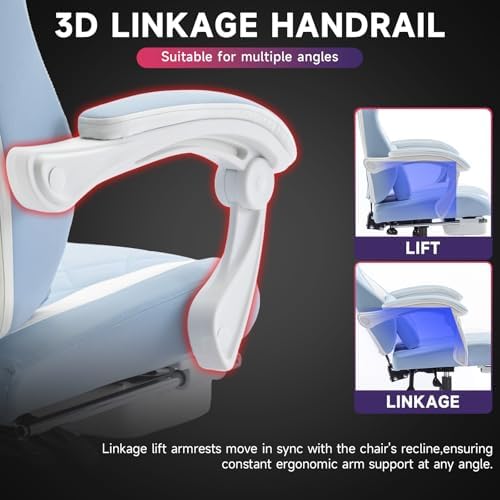 Gaming Chair with Footrest and Massage Lumbar Support, Ergonomic Computer Gamer Chair, Office Video Game Chairs (Cyan White)