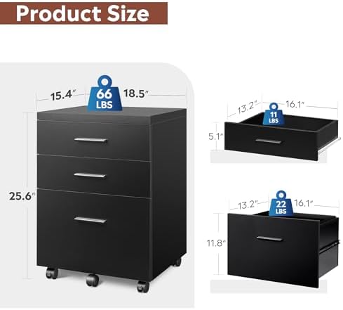 DEVAISE 3 Drawer File Cabinet, Wood Under Desk Filing Cabinet, Black
