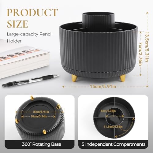 KONVINIT Pencil Pen Holder for Desk, 5 Slots 360 - Degree Rotating Desktop Organizer, Cute Desk Organizers and Accessories for School, Home, Office and Art Supply, Black