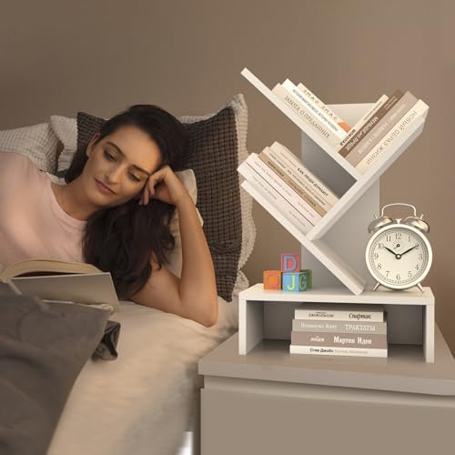Godferyxin Small Bookshelf,4-Tier Bookshelf with Drawers,White Bookshelf