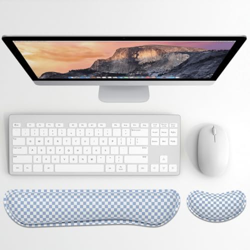 Dapesuom Enlarge Keyboard Wrist Rest, Memory Foam Wrist Cushion for Support, Cute Typing Pain Relief Keyboard Mouse Pad Rests Set with Non-Slip Base for Gaming Laptop Office Computer, Blue Grey