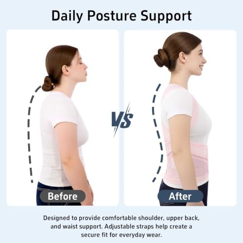 Posture Corrector for Women and Men, Adjustable Back Brace with Shoulder Support and Lumbar Support Belt, Full Back Support Posture Trainer for Spine Alignment, Upper Back, Neck, Shoulder, Lower Back Support, Slouching and Hunchback (Pink, Medium)