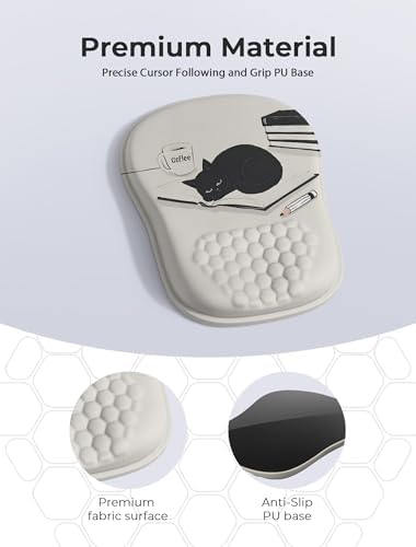 Ergonomic Mouse Pad with Cute Black Cat Design, for Carpal Tunnel Pain Relief, 65% Usable Mouse Area, Memory Foam Concave Wrist Rest for Office, PC, Gaming