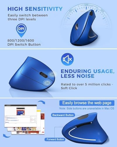 Ergonomic Mouse Wireless, Rechargeable Mouse Silent for Carpal Tunnel Right Hand, 2.4GHz USB Vertical Mouse Wireless for Laptop etc, 3 Adjustable 800/1200/1600 DPI, Blue