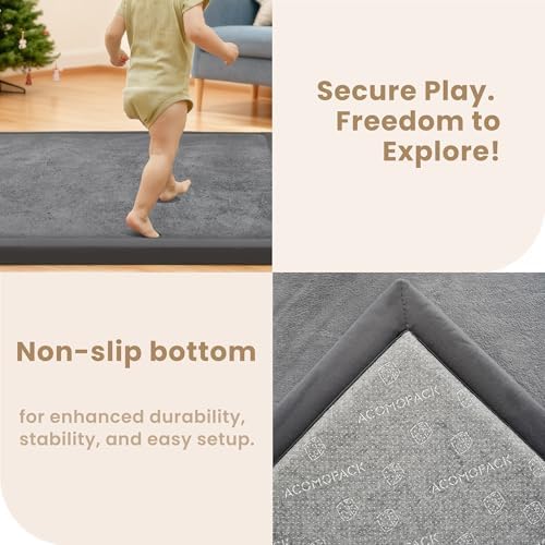 ACOMOPACK Baby Play Mat for Floor,1.3" Thick Elasti-Foam 59"×71" Non-Slip Water Repellent,Non-Toxic Playpen Mat for Infants Toddlers Kids, Ultra Soft Coral Velvet for Tummy Time Crawling（Dark Grey）