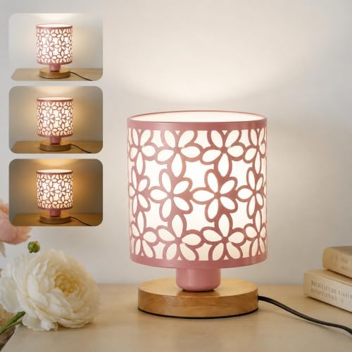 Green Small Table Lamp, LED Cutout Metal Bedside Lamp with 3 Color Temperatures for Office, Living Room, Bedroom, Dorm (Pink)
